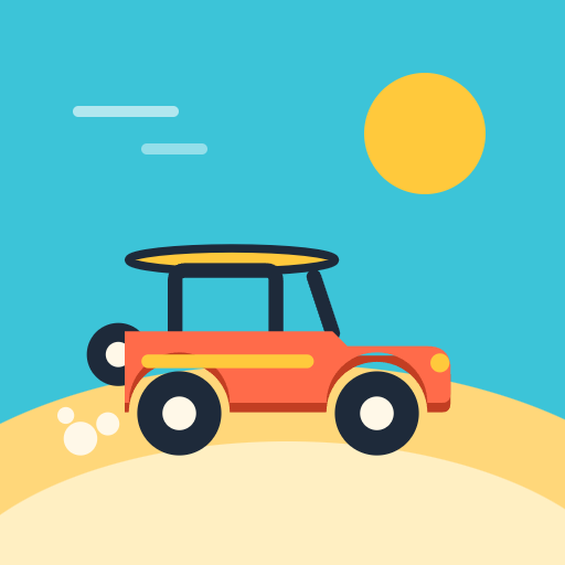 Ilustração de um jipe vermelho numa duna, com o sol ao fundo